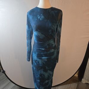 Chic Long Sleeve Blue Dress Body Con Maxi New With Tags
